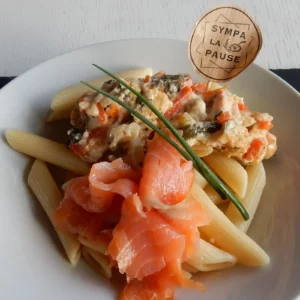 Pâtes au saumon et petits légumes